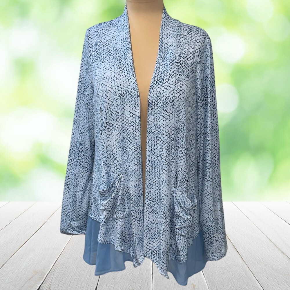 LOGO LORI GOLDSTEIN Printed Jersey Cardigan Chiffon Hem Pockets Blue Size L